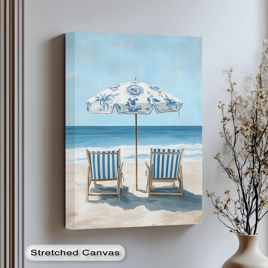 Blue White Beach Umbrella Striped Chairs Seaside Canvas Print