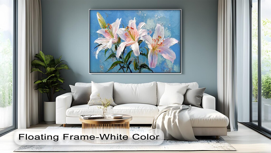 White Lilies Blue Background Floral Oil Painting Botanical Poster