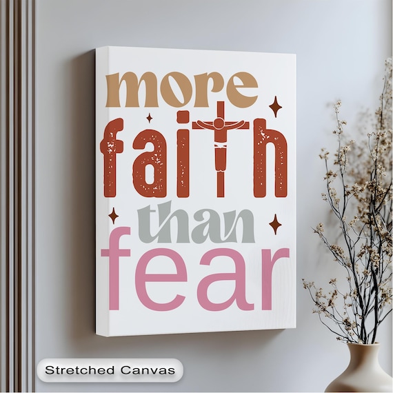 More Faith Than Fear Crucifix Retro Typography Christian Wall Art