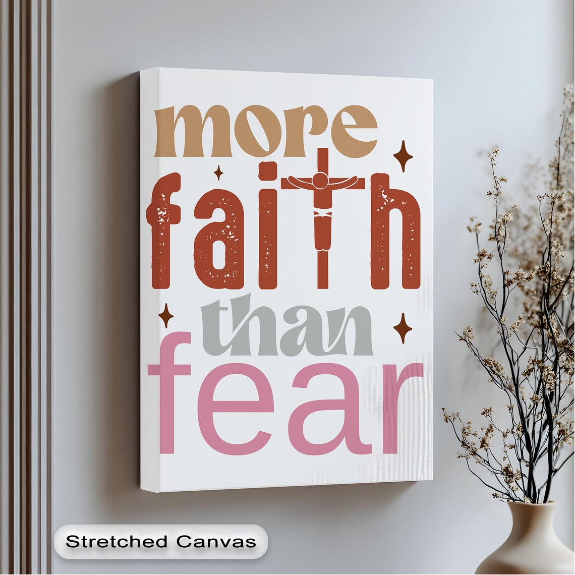More Faith Than Fear Crucifix Retro Typography Christian Wall Art