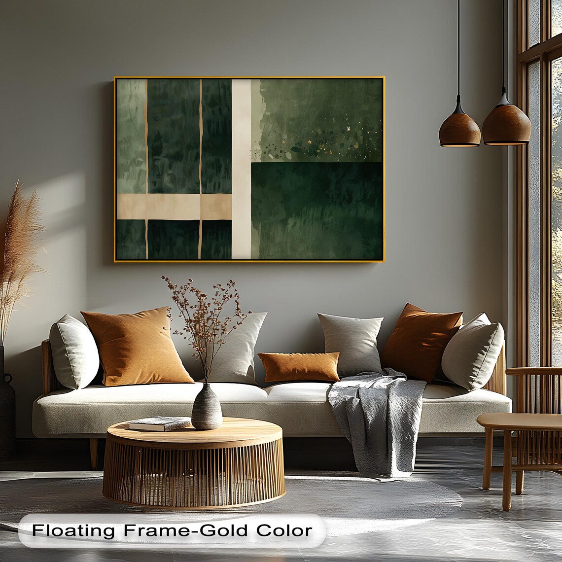 Green Abstract Canvas Wall Art Geometric Textured Painting With Floating Frame