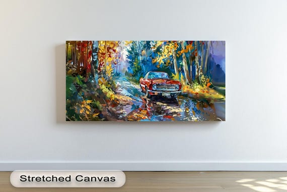 Red Classic Car Autumn Forest Print Vintage Panoramic Road Art Scene