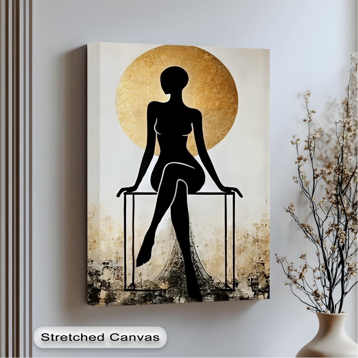 Black Woman Silhouette Seated Before Gold Circle Modern Minimal Poster