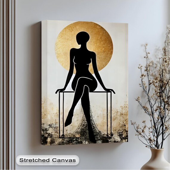 Black Woman Silhouette Seated Before Gold Circle Modern Minimal Poster