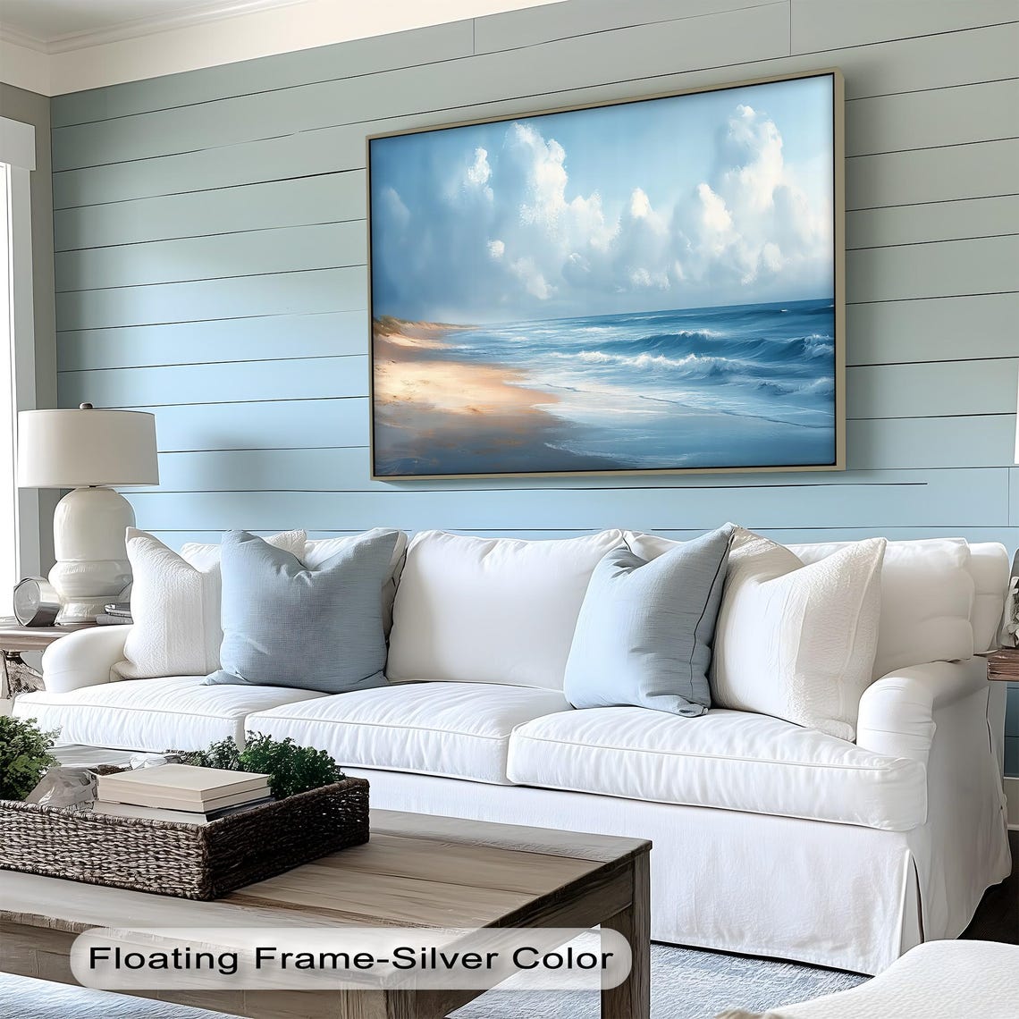 Tranquil Ocean Waves Over Golden Sand Cloudy Sky Coastal Art Poster