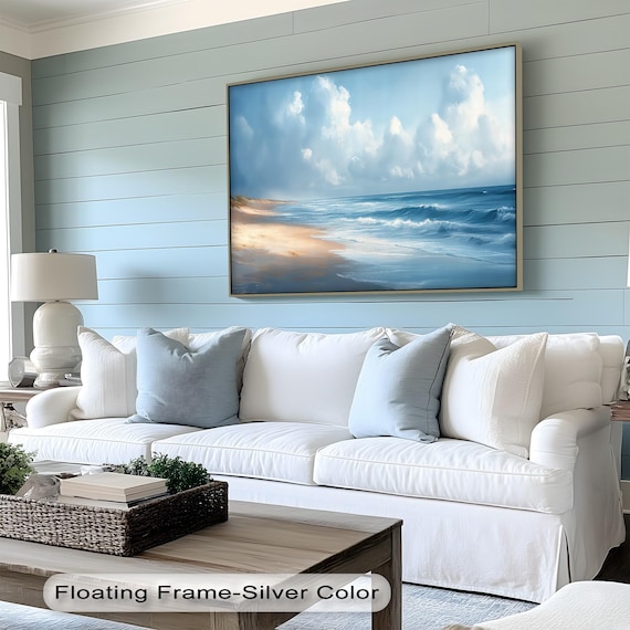 Tranquil Ocean Waves Over Golden Sand Cloudy Sky Coastal Art Poster