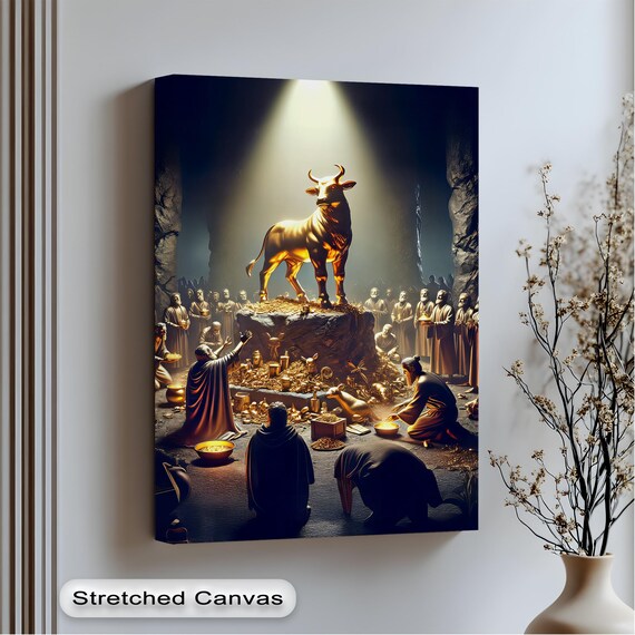 Golden Calf Worship Canvas Art Biblical Scene In Anthracite Frame