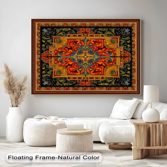 Mandala Canvas Wall Art Red Gold Geometric Print In Silver Floating Framed Artwork
