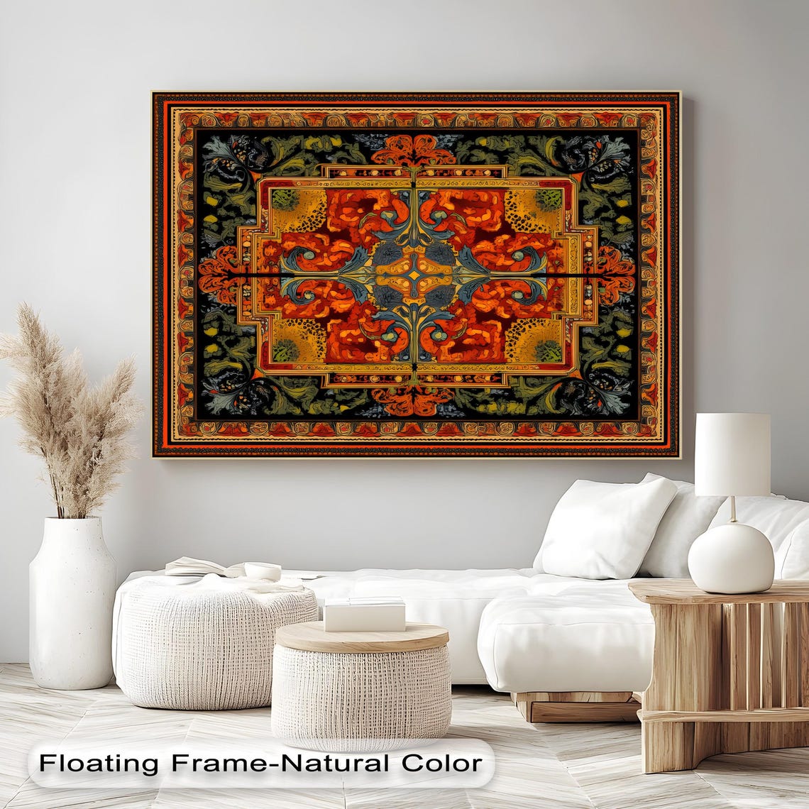 Mandala Canvas Wall Art Red Gold Geometric Print In Silver Floating Framed Artwork
