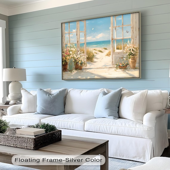 Beach Path Window View Coastal Canvas Print Floral Seaside Decor