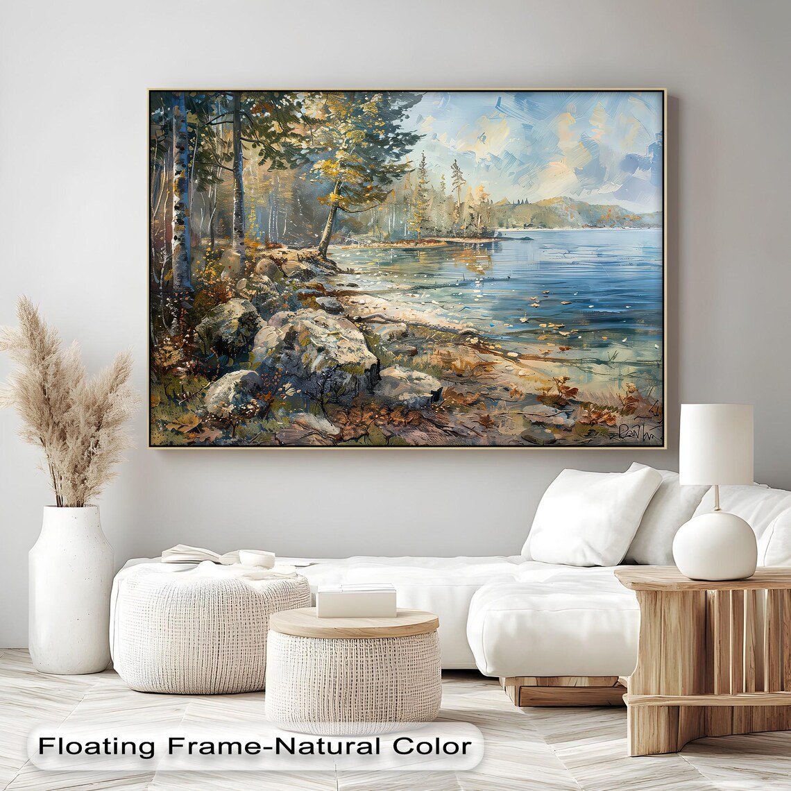 Autumn Lake Forest Golden Birch Trees Rocky Shoreline Painting Poster