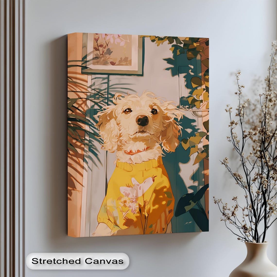 Fluffy White Dog Yellow Sweater Cozy Painted Pet Portrait Wall Poster
