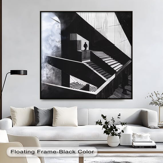 Modern Black And White Abstract Architecture Wall Art Monochrome Staircase Poster Canvas Framed Print