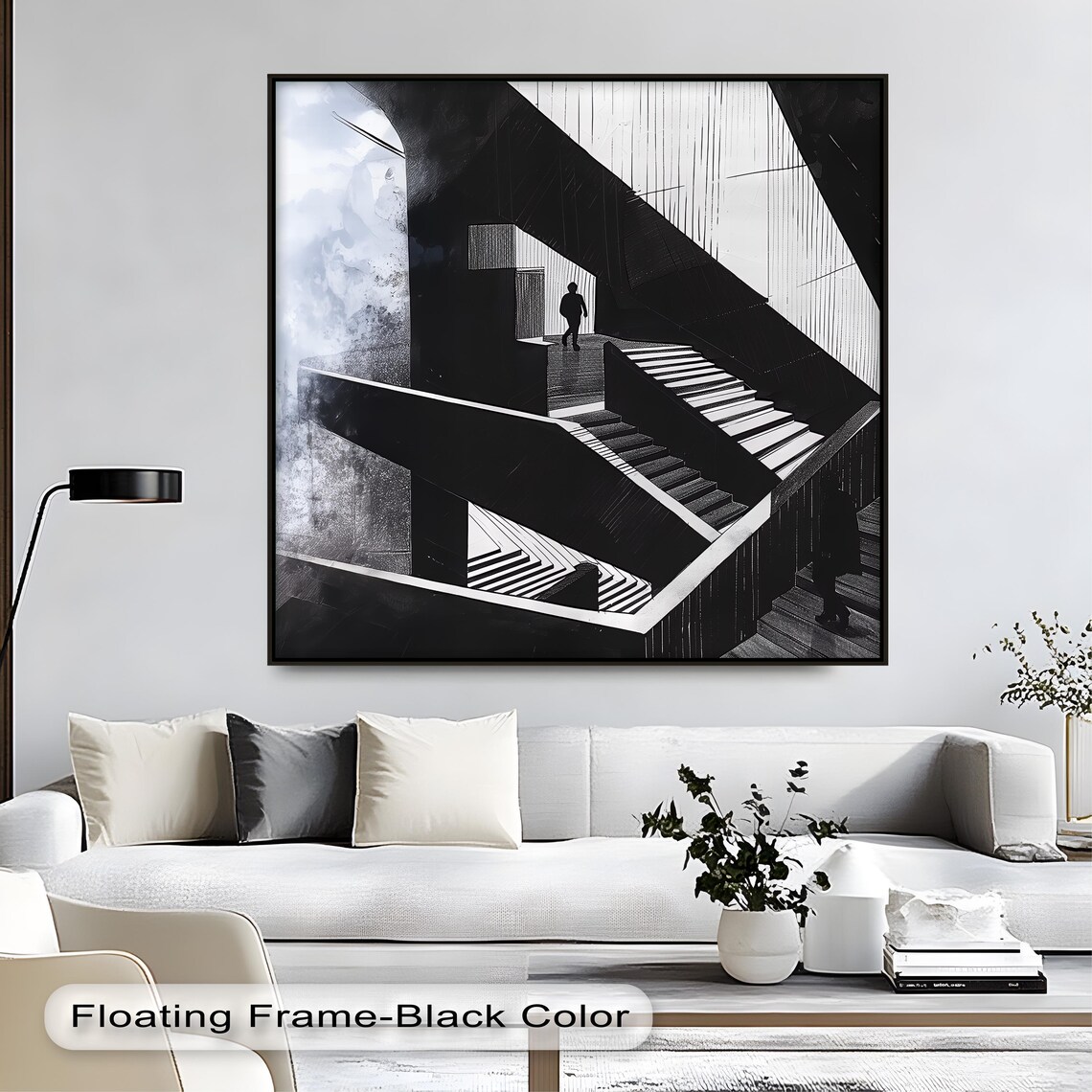 Modern Black And White Abstract Architecture Wall Art Monochrome Staircase Poster Canvas Framed Print
