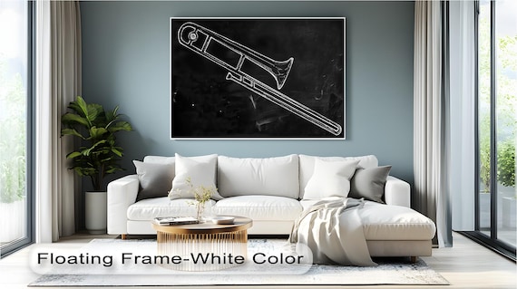 Trombone Chalk Drawing On Black Minimalist Music Room Decor Wall Poster