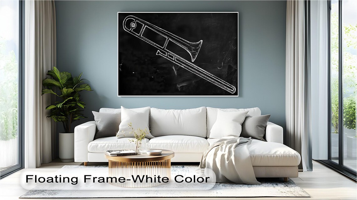 Trombone Chalk Drawing On Black Minimalist Music Room Decor Wall Poster