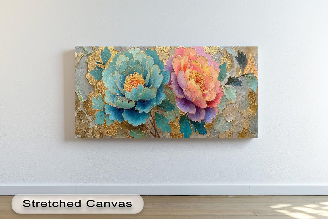 Blue Pink Peony Flowers Gold Leaf Texture Floral Panoramic Wall Art