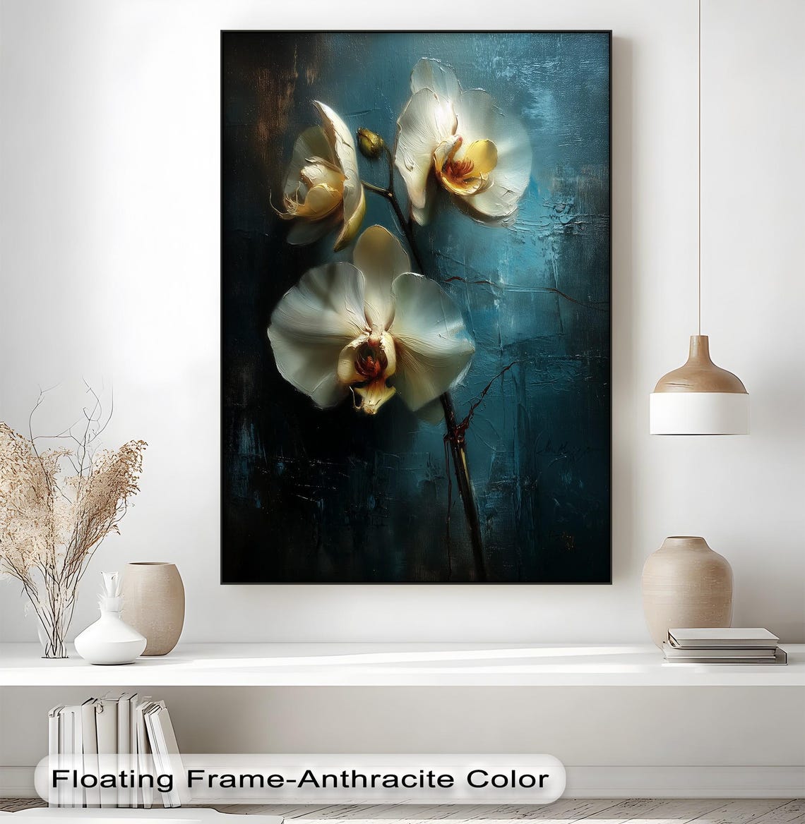 White Orchid Flowers On Dark Teal Background Canvas Art Poster