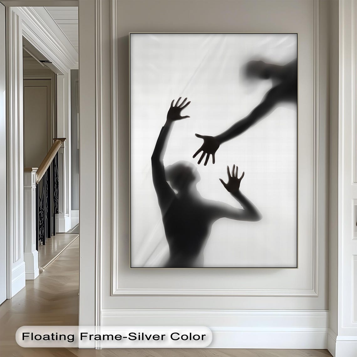 Black and White Reaching Hands Blurred Silhouette Emotional Art Poster