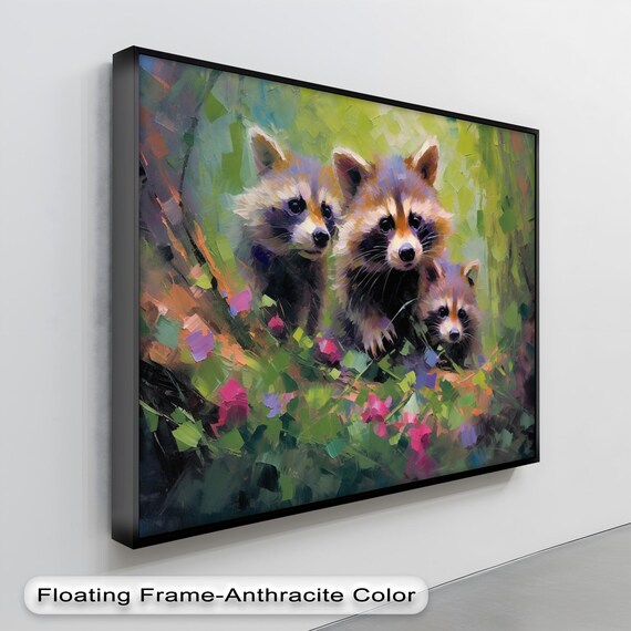 Three Baby Raccoons Wildflowers Impressionist Painting Wildlife Poster