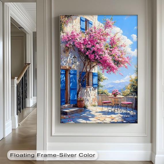 Mediterranean Courtyard Bougainvillea Blue Shutters Sun Poster