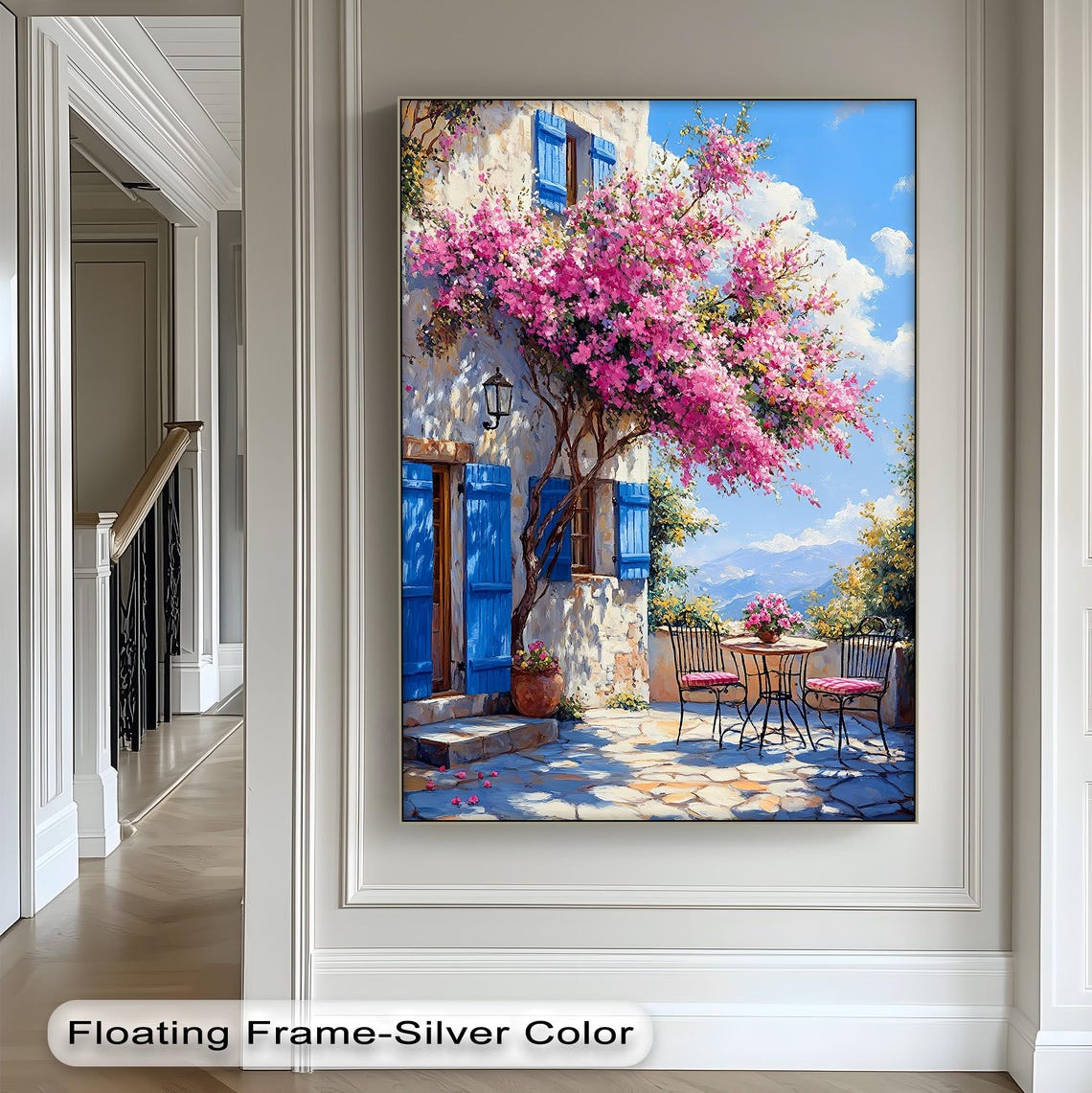 Mediterranean Courtyard Bougainvillea Blue Shutters Sun Poster