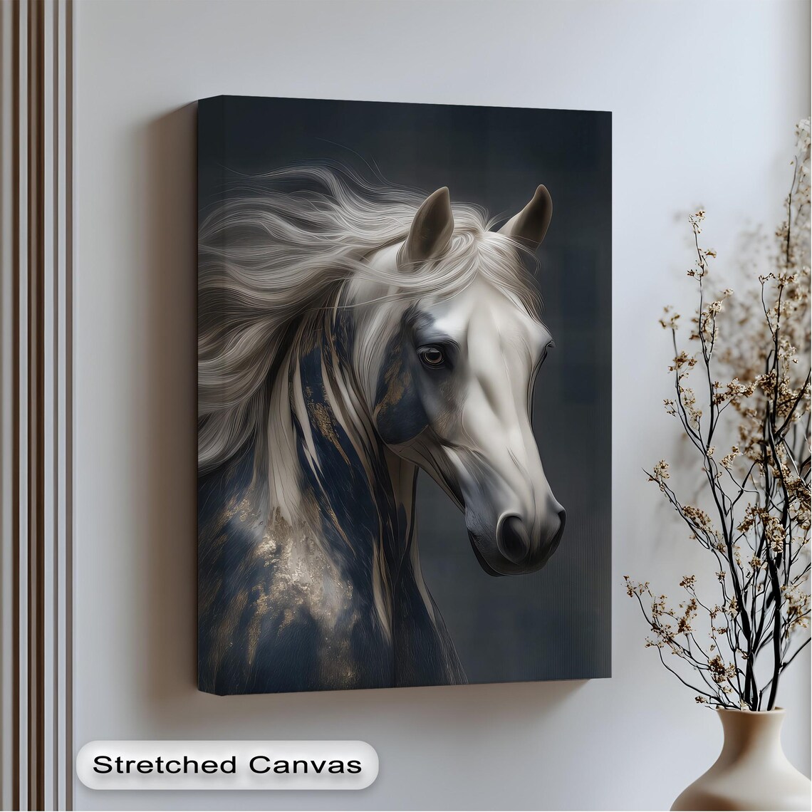 Elegant White Horse Portrait Moody Dark Background Equine Poster
