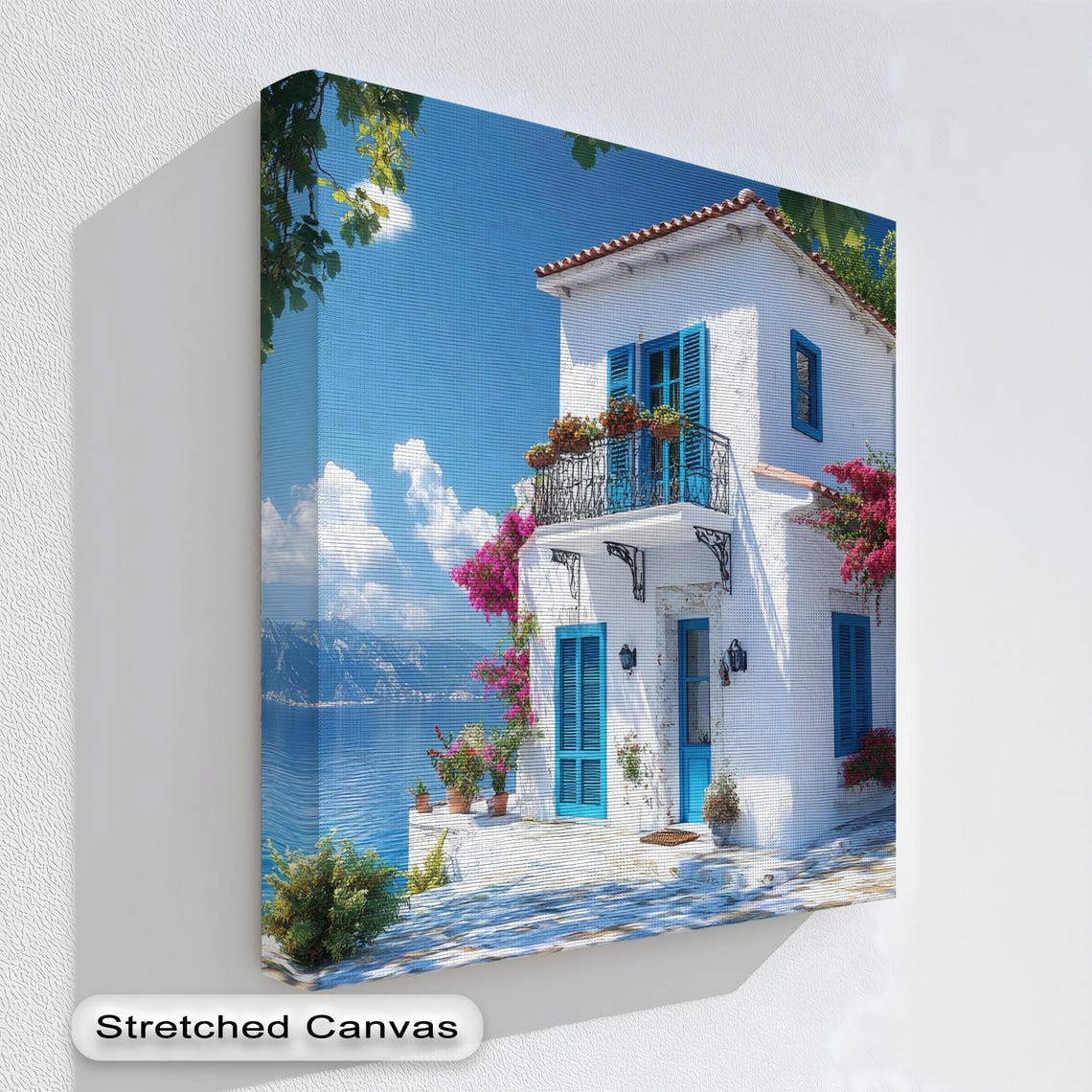 Mediterranean Villa Blue Shutters Bougainvillea Sea View Print