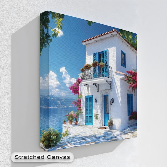 Mediterranean Villa Blue Shutters Bougainvillea Sea View Print