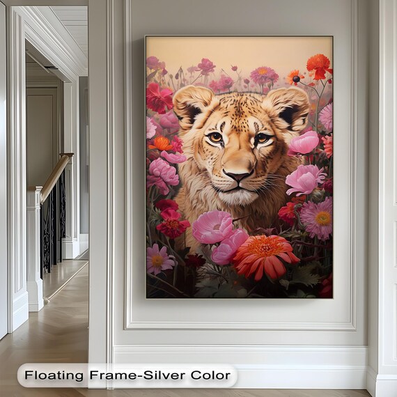 Lion Cub With Pink Flowers Botanical Jungle Wild Animal Canvas Print