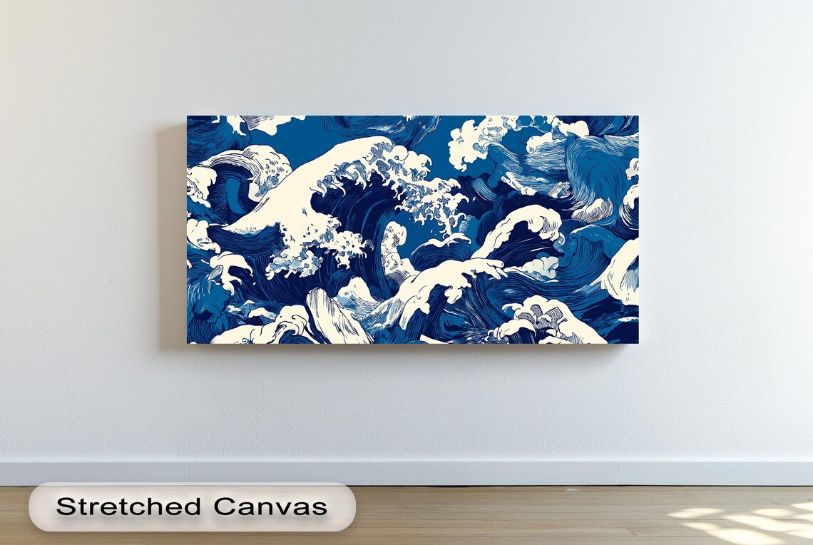 Blue Ocean Waves Japanese Woodblock Style Panoramic Art Poster