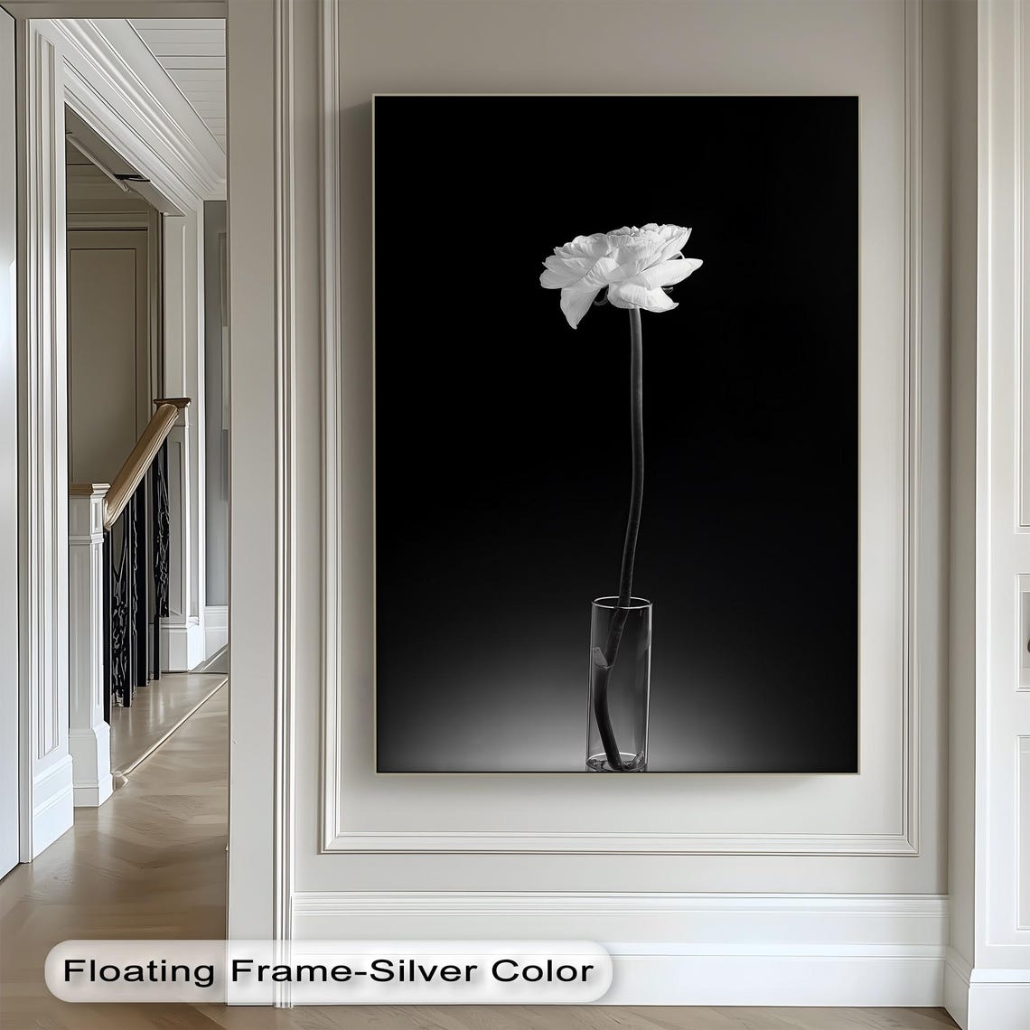 Single White Flower in Glass Vase Black Background Elegant Wall Art