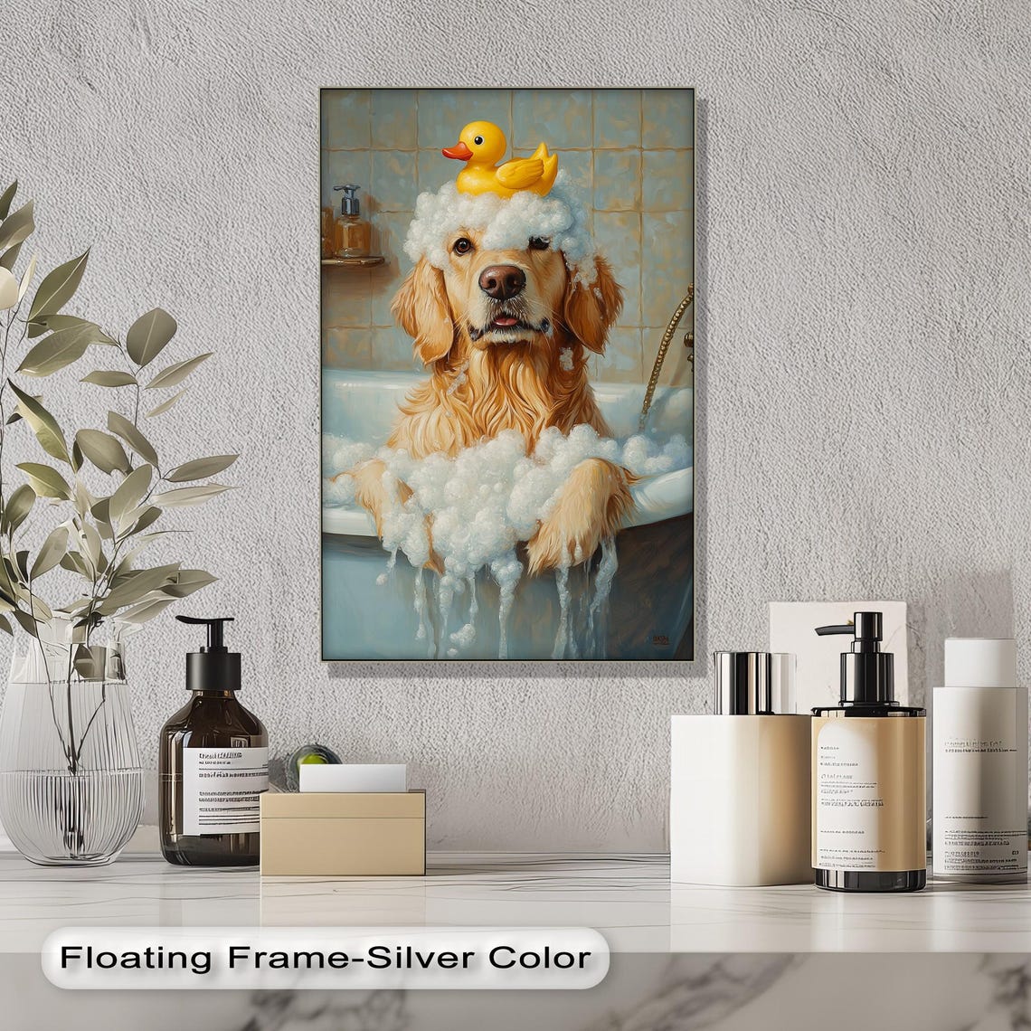Golden Retriever Puppy in Bubble Bath with Rubber Duck Poster