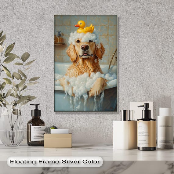 Golden Retriever Bath Art Print Funny Dog With Rubber Duck