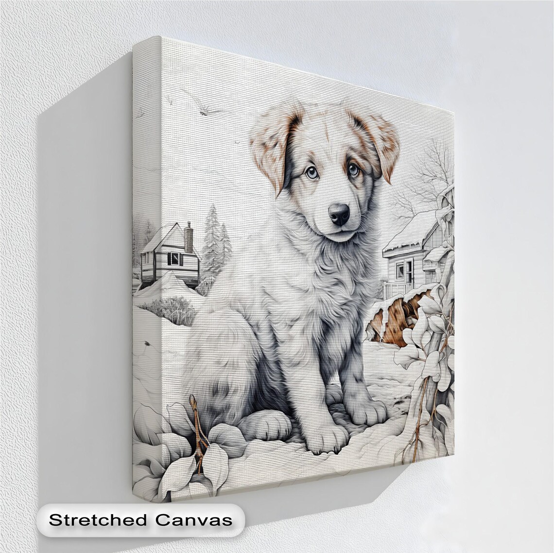 Winter Puppy In Snowy Village Poster Fluffy Dog Sketch Cottages Scene
