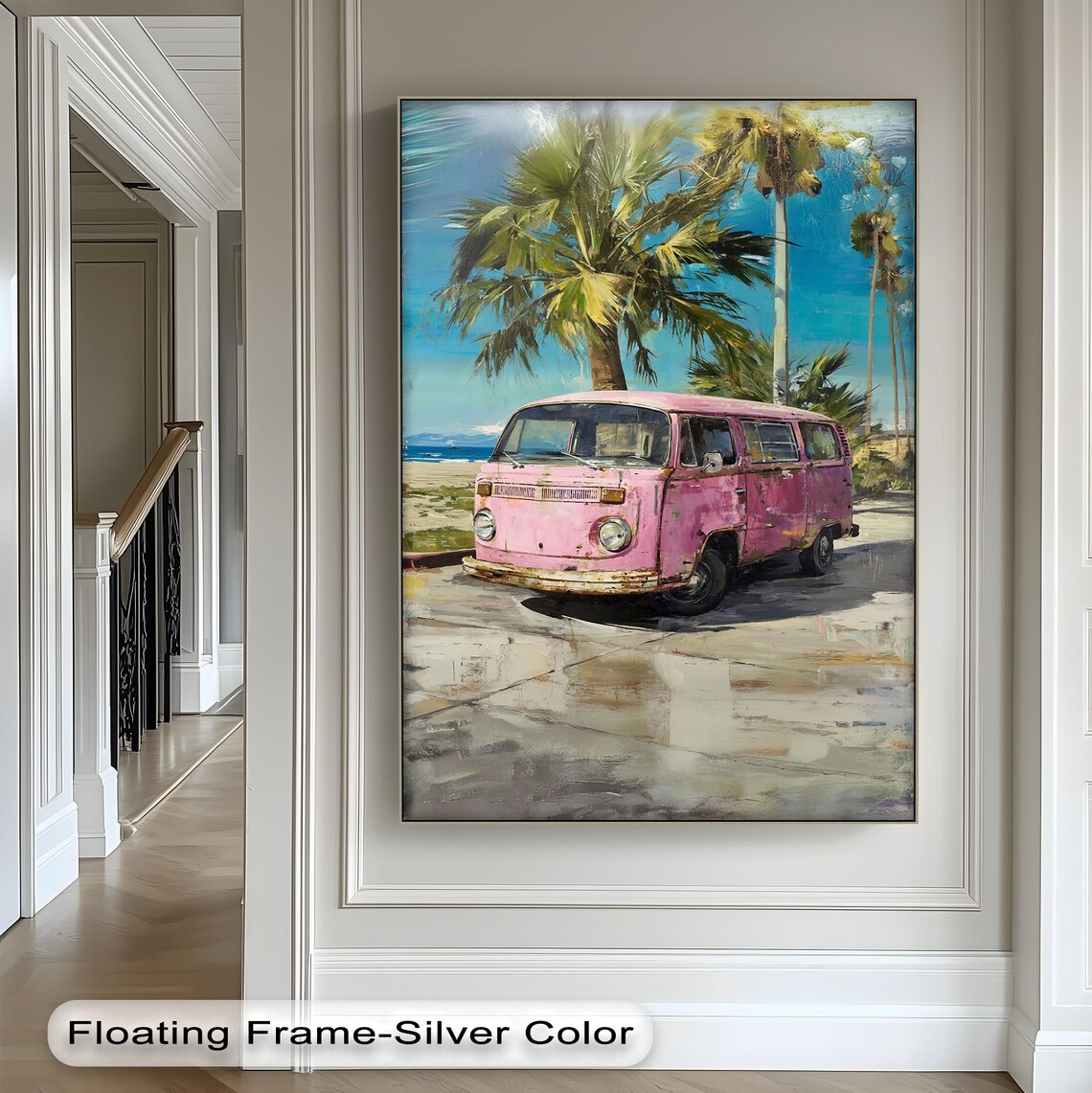 Pink Volkswagen Bus Beach Oil Painting with Palm Trees Coastal Wall Art