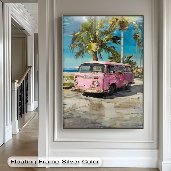 Pink Volkswagen Bus Beach Oil Painting with Palm Trees Coastal Wall Art