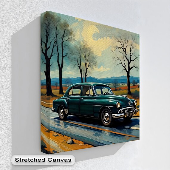 Vintage Green Classic Sedan Winding Road Autumn Landscape Canvas Print