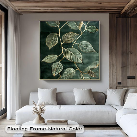 Gold Embossed Botanical Wall Art Green Leaf Canvas With Black Frame