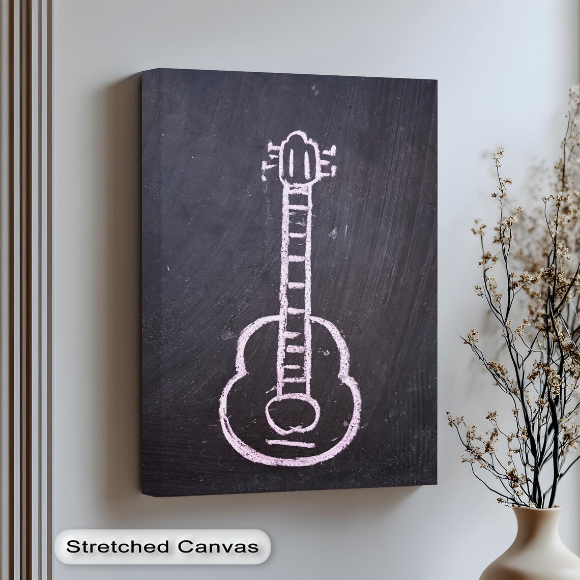 Pink Chalk Guitar Line Art On Dark Chalkboard Canvas Style Poster