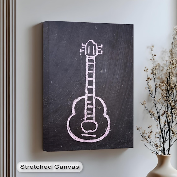 Pink Chalk Guitar Line Art On Dark Chalkboard Canvas Style Poster