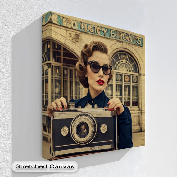 Retro Woman With Vintage Camera Canvas Print Midcentury Modern Decor