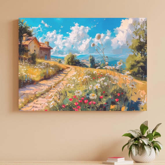Countryside Print Impressionist Art Mountain House Rustic Wall Decor Living Room Wall Art Farm Scene Print Cottagecore Decor