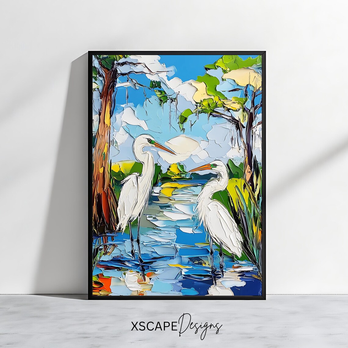 Great White Egret Wetland Impasto Oil Painting Coastal Bird Wall Art
