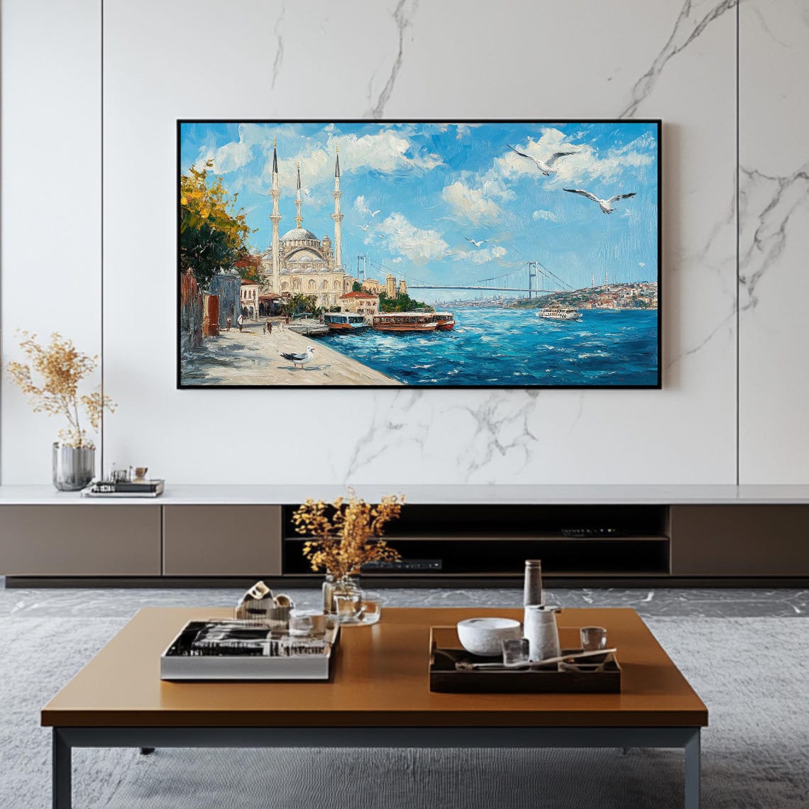 Istanbul Bosphorus Waterfront Mosque Bridge Seagulls Painting Poster - Image 2