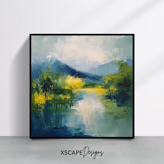 Mountain Landscape Wall Art Print Abstract Nature Artwork Square Scenic River Decor Modern Green And Blue Painting