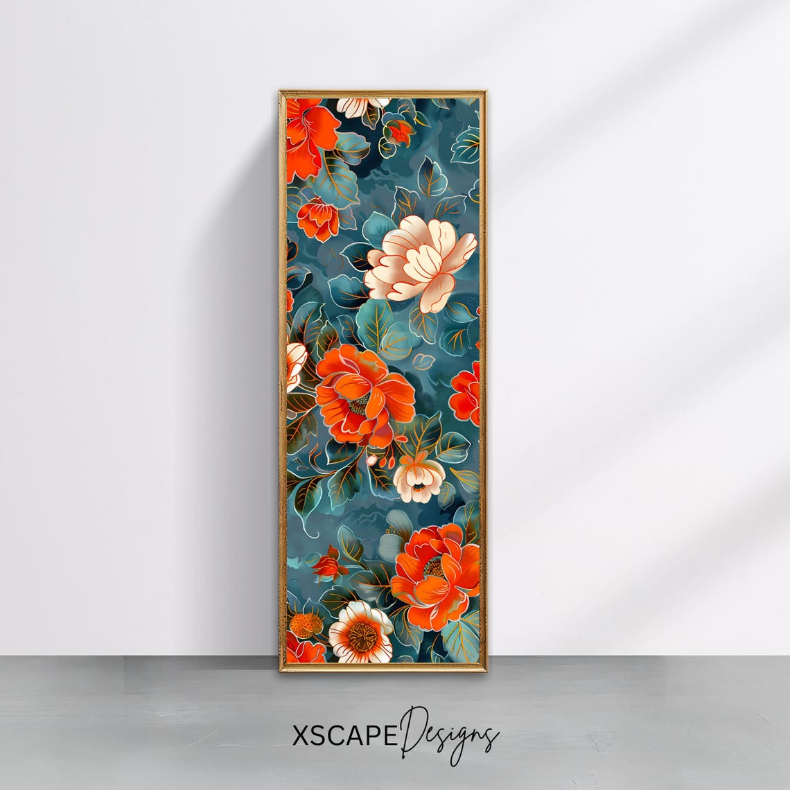 Tall Vertical Floral Pattern Orange Peony Teal Background Print