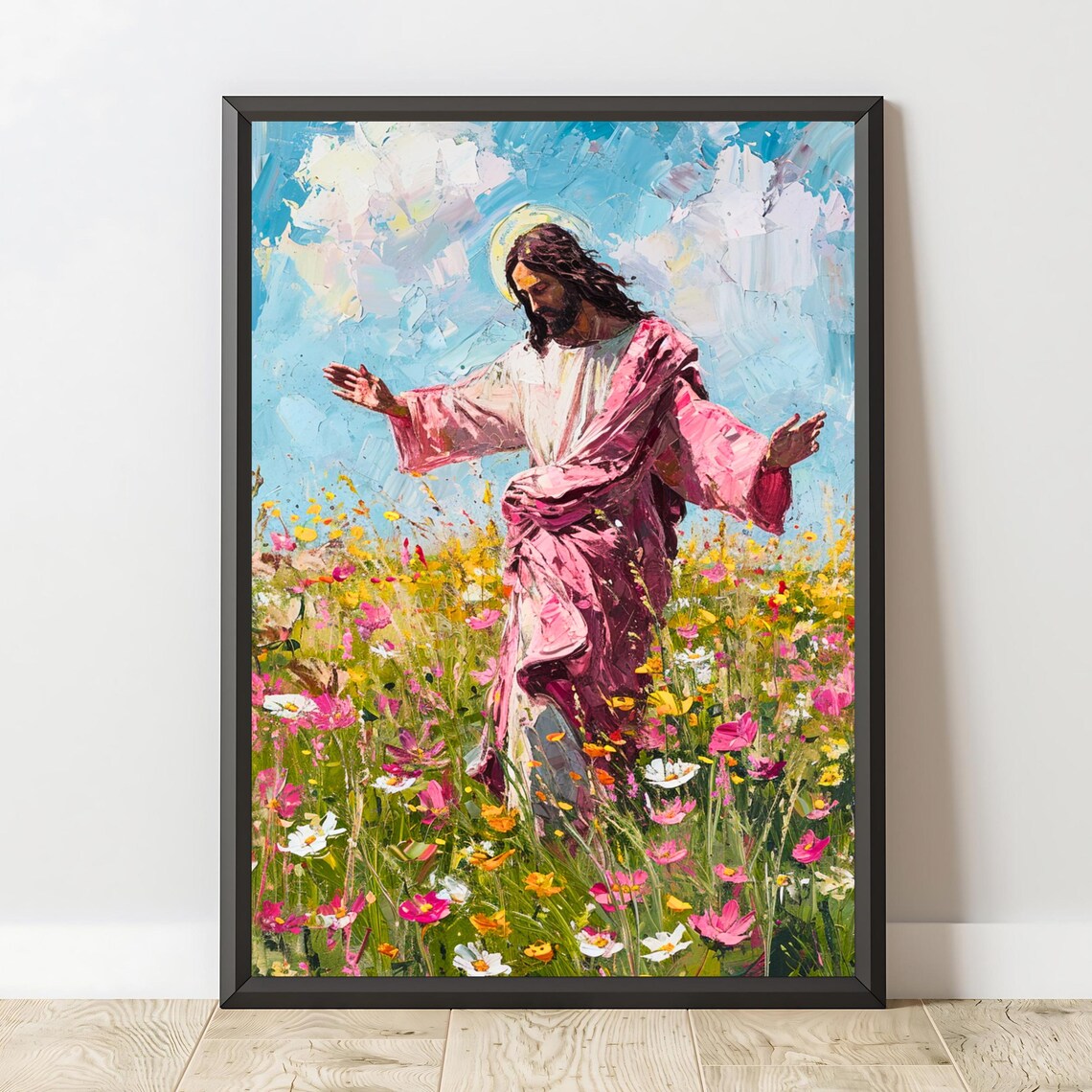 Jesus Christ Walking Wildflower Meadow Pink Robe Christian Wall Art Poster - Image 2