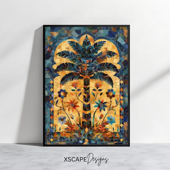 Moroccan Palm Tree Print Islamic Geometric Art Vintage Mosaic Wall Decor Andalusian Tile Artwork Arabic Design