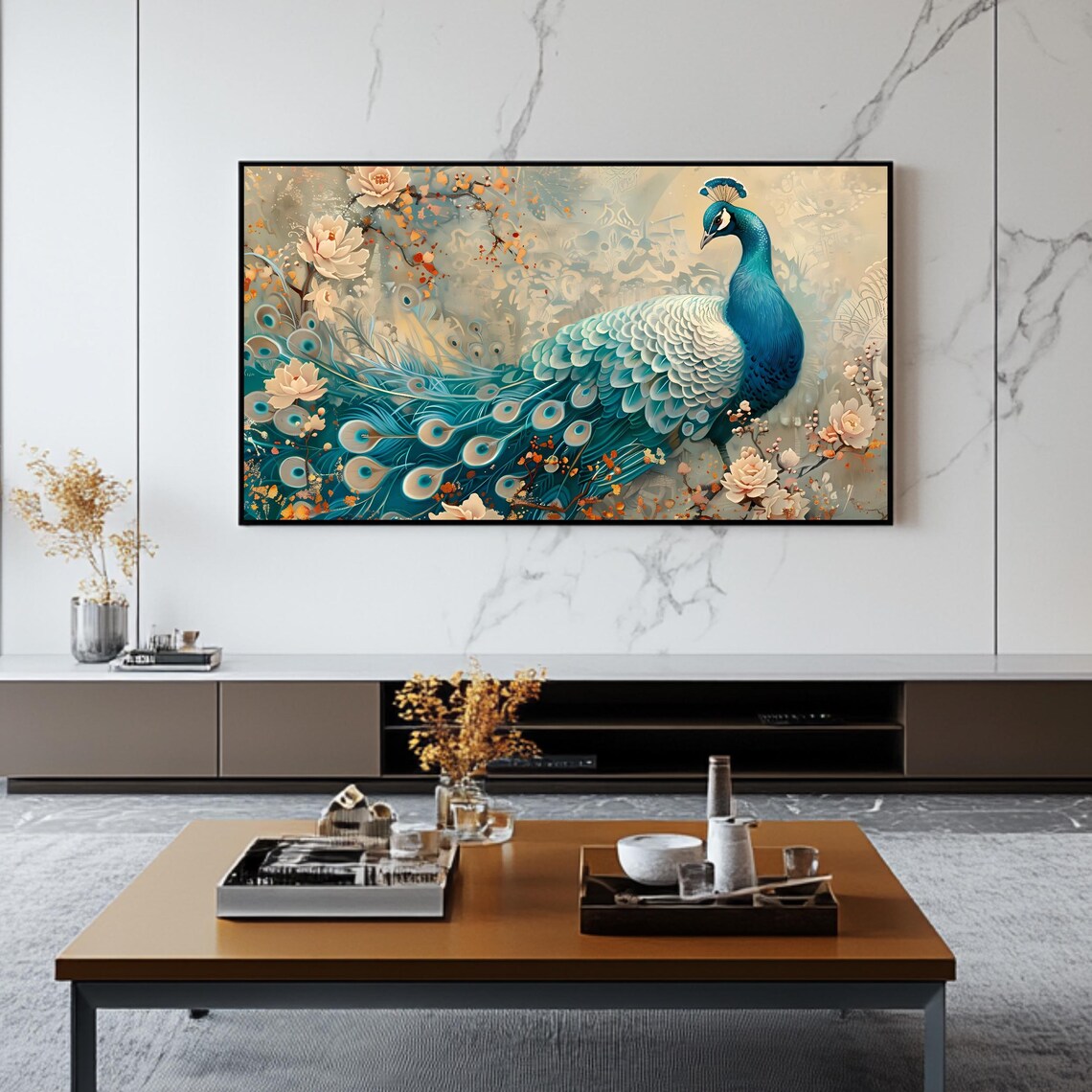 Elegant Teal Peacock Blooming Floral Ornamental Bird Art Print Poster - Image 2